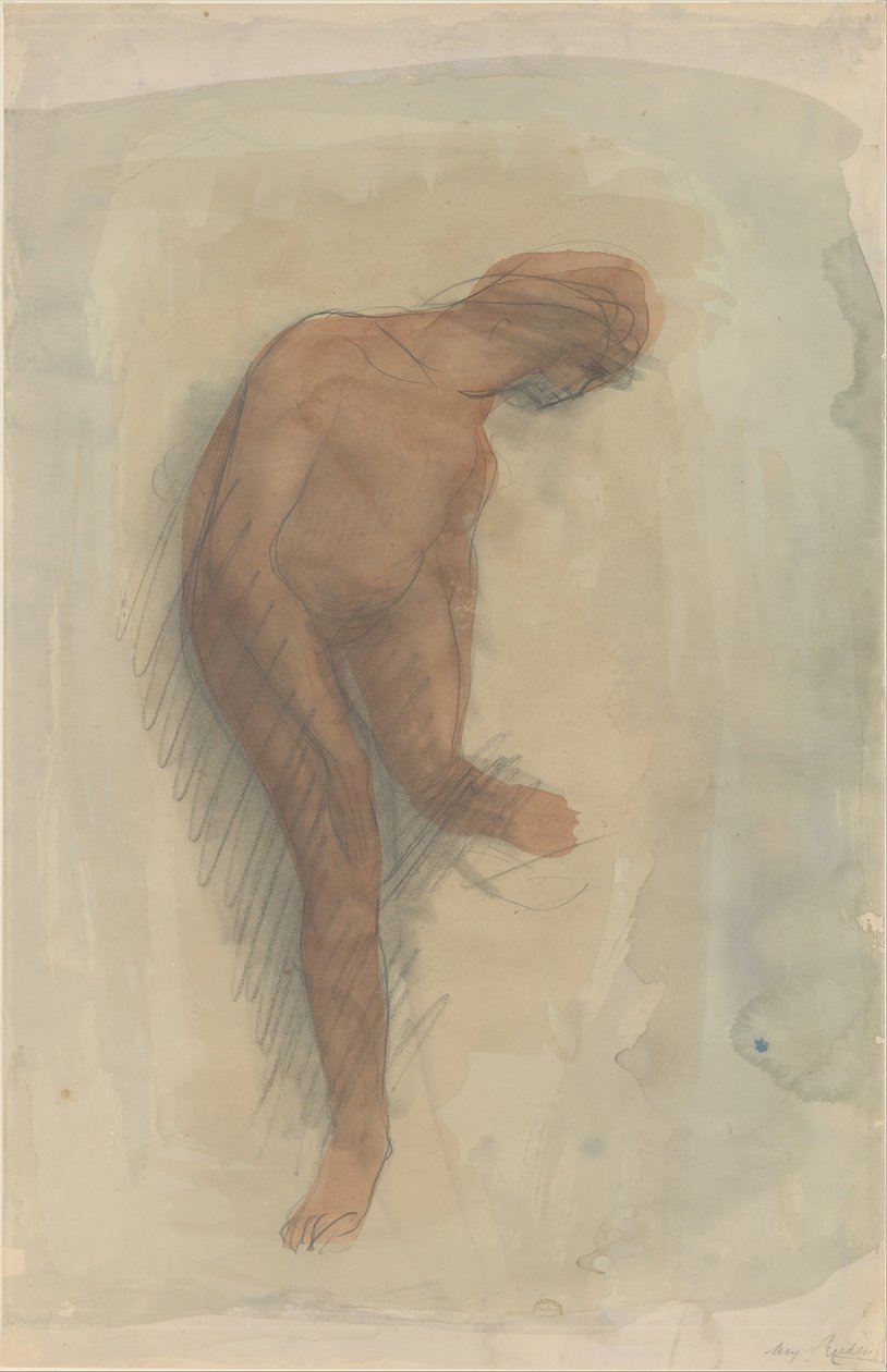 Naken kvinnofigur som håller vänster fot, 1900-1912. av Auguste Rodin