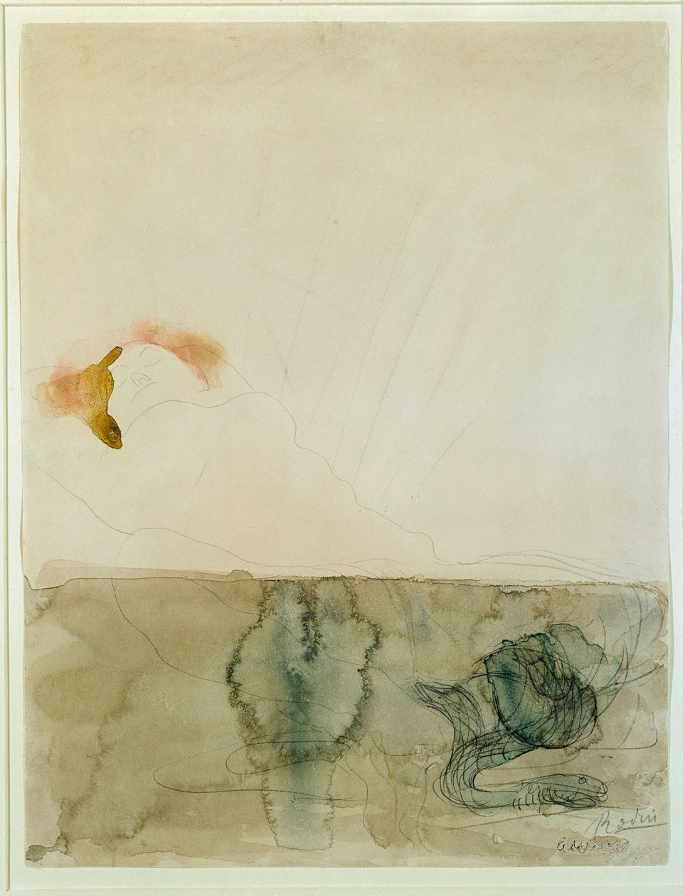 Naken med en orm (akvarell och penna av Auguste Rodin