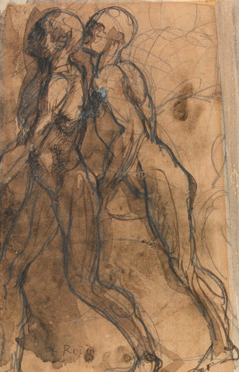 The Shades närmar sig Dante och Virgil (grafit, penna och mörk sepiatvätt på buff papper) av Auguste Rodin