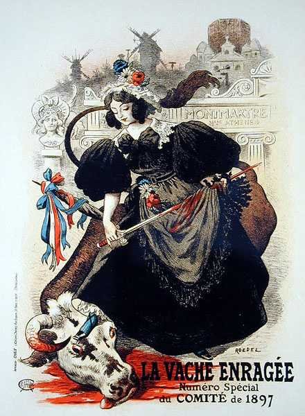Reproduktion av en affisch med reklam för "The Mad Cow", ett specialnummer från 1897 års kommitté av Auguste Roedel