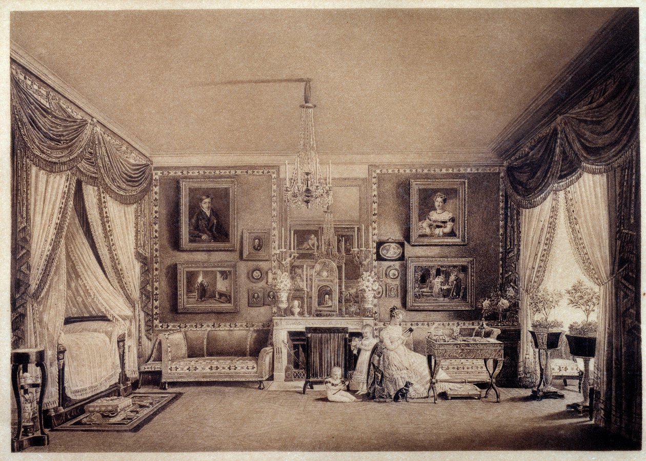 Sovrum av hertiginnan av Berry på Tuilerierna. Teckning av Auguste Garneray (1785-1824) av Auguste Simon Garneray