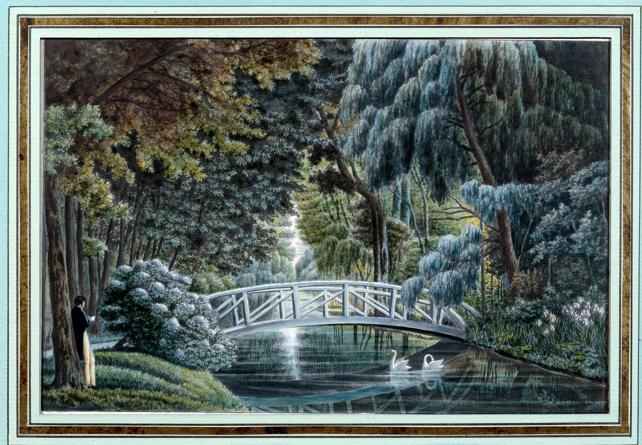 Utsikt över träbron över floden till vänster om slottet Malmaison Watercolor d
