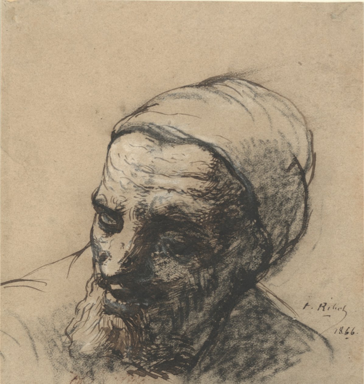 Huvud av en gammal man med skägg och mössa av Auguste Theodule Ribot