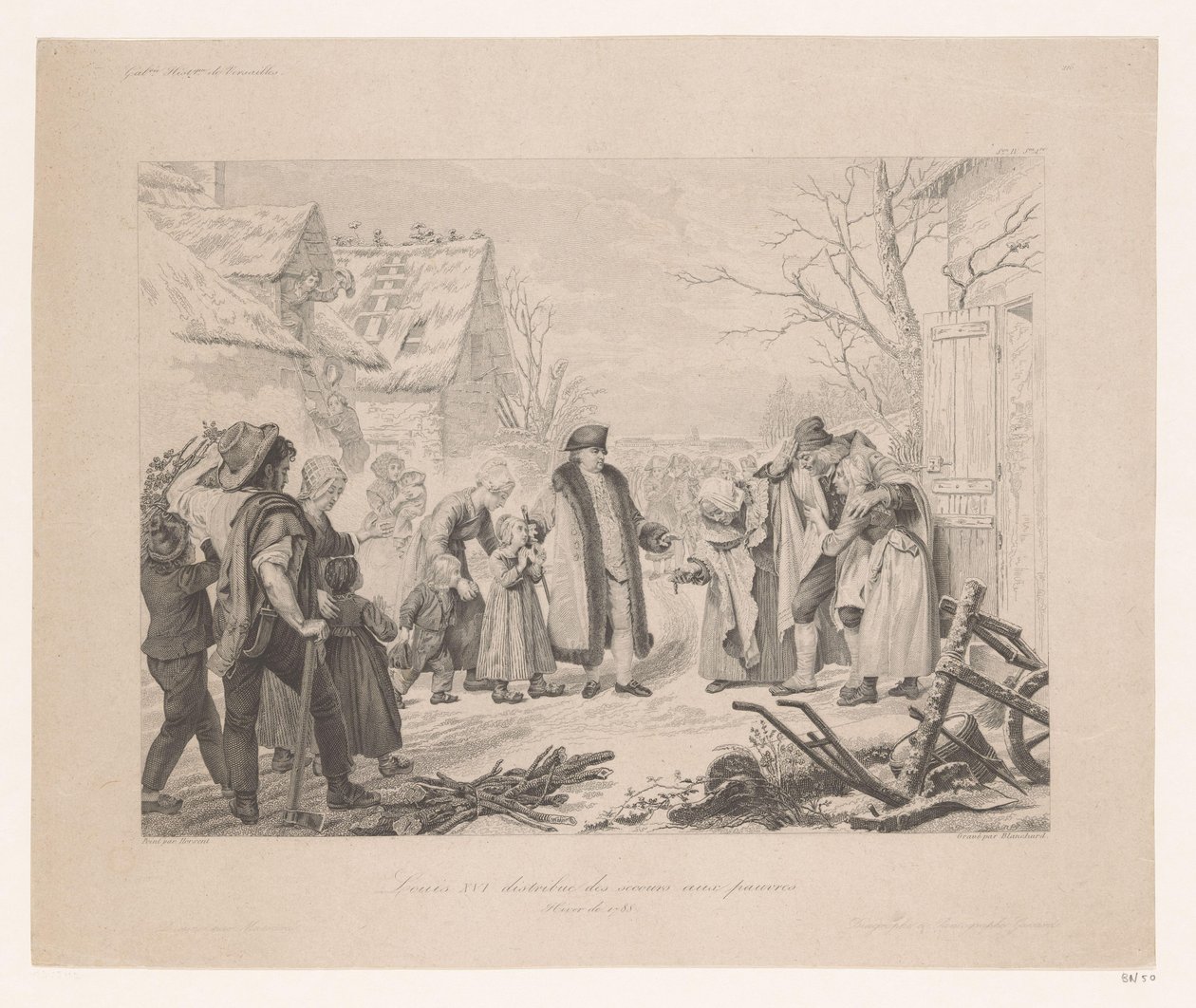 Ludvig XVI på besök i ett fattigt område Louis XVI distribue des secours aux pauvres (titel på objekt) av Auguste Thomas Marie Blanchard