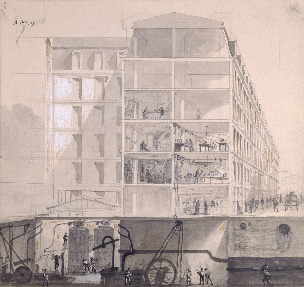 Tvärsnitt av arbetarbostäder i XI:e arrondissementet i Paris, ca 1875 (penna och bläck och gouache på papper) av Auguste Victor Deroy