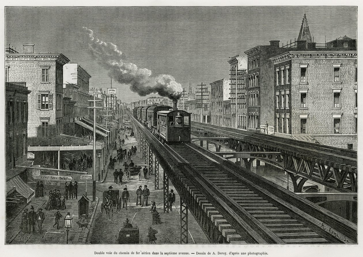 Dubbelspår av Airline Railway på Seventh Avenue, New York, New York. Edouard de Laveleye, 1878-1879, publicerad i Tour du monde, under ledning av Edouard Charton (1807-1890) av Auguste Victor Deroy