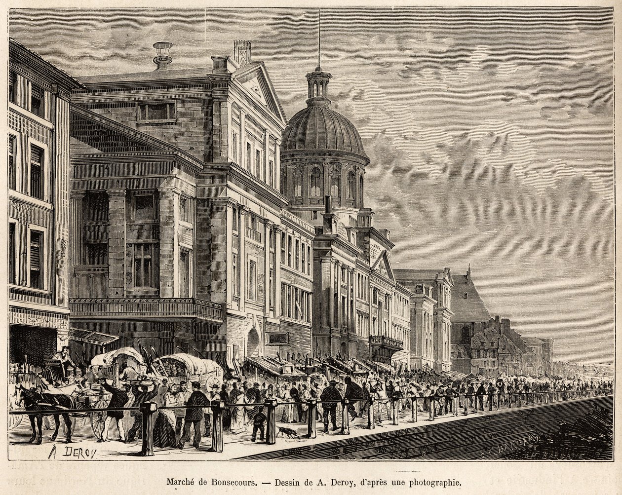Le marche de Bonsecours, ett turist- och kulturcentrum i Montreal, graverad efter en teckning av A.Deroy, som illustrerar utflykten till Kanada och Riviere Rouge du nord, av H. De Lamotte, 1873, publicerad i "" Le tour du monde””” 1875, redigerad av Edou av Auguste Victor Deroy