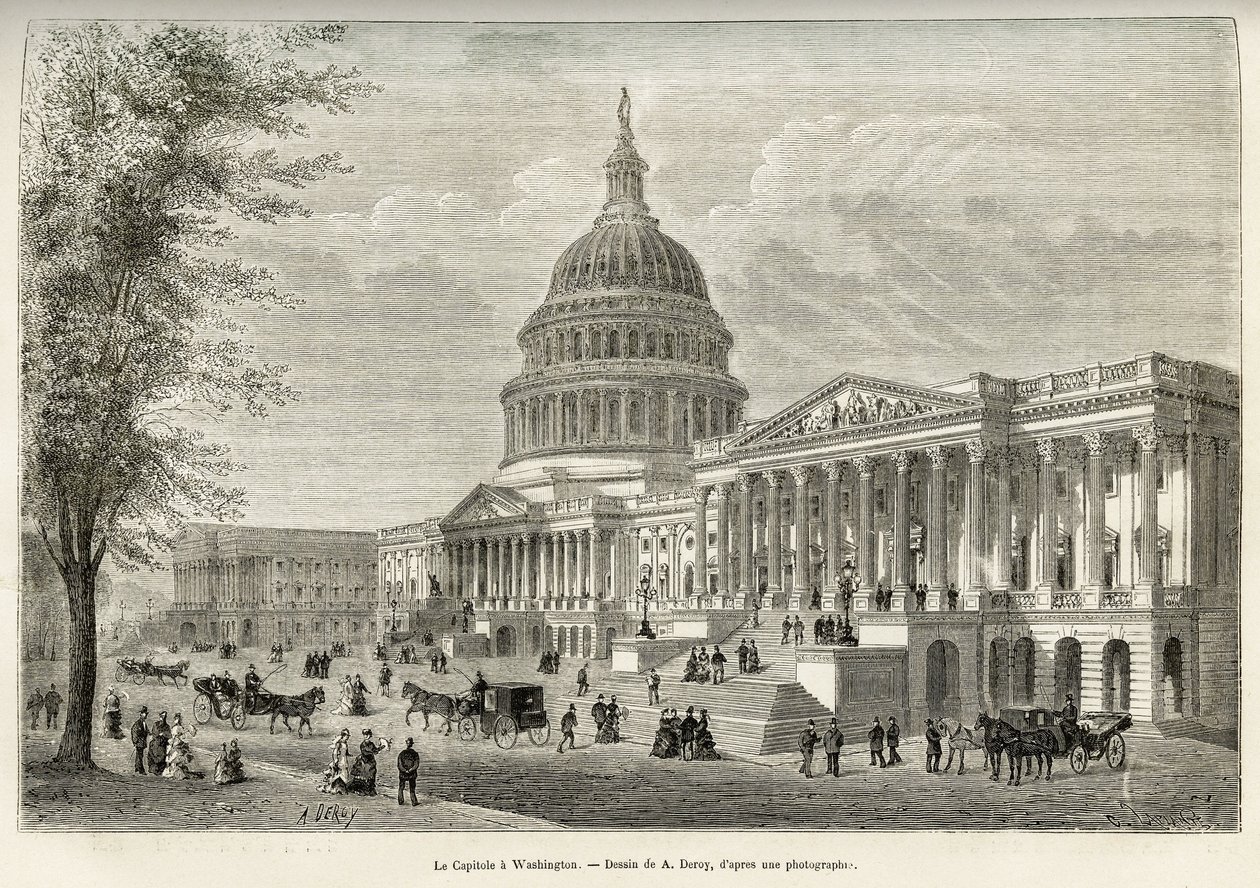 Capitolium, säte för den lagstiftande församlingen, byggt mellan 1793 och 1830, i Washington (District of Columbia), USA:s huvudstad. Gravyr efter A. Deroys teckning, för att illustrera historien La conquete blanche, av William Hepworth Dixon, 1875, s. av Auguste Victor Deroy