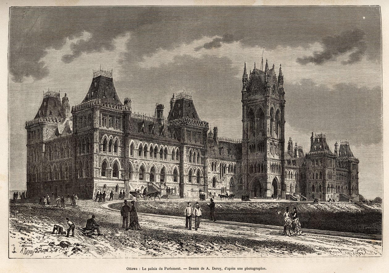 Palace of Parliament i Ottawa, byggt mellan 1859 och 1876, graverat efter en teckning av A.Deroy, som illustrerar utflykten till Kanada och Röda floden i norr, av H. De Lamotte 1873, publicerad i "" Le tour du monde””” 1875, redigerad av Edouard av Auguste Victor Deroy
