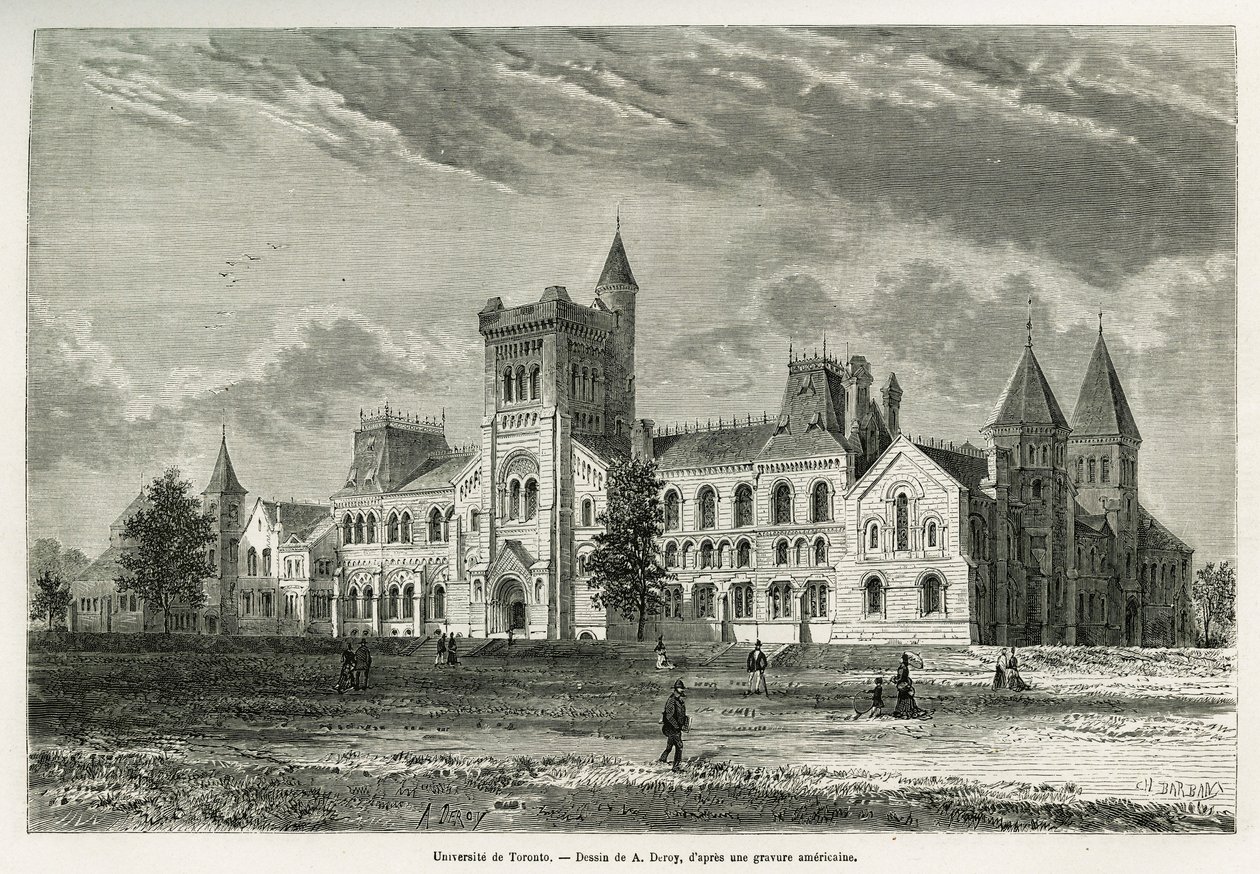 University of Toronto, teckning av A.Deroy, för att illustrera historien om en utflykt till Kanada och Northern Red River 1873 av H. de Lamotte. Gravyr i Le tour du monde av Auguste Victor Deroy