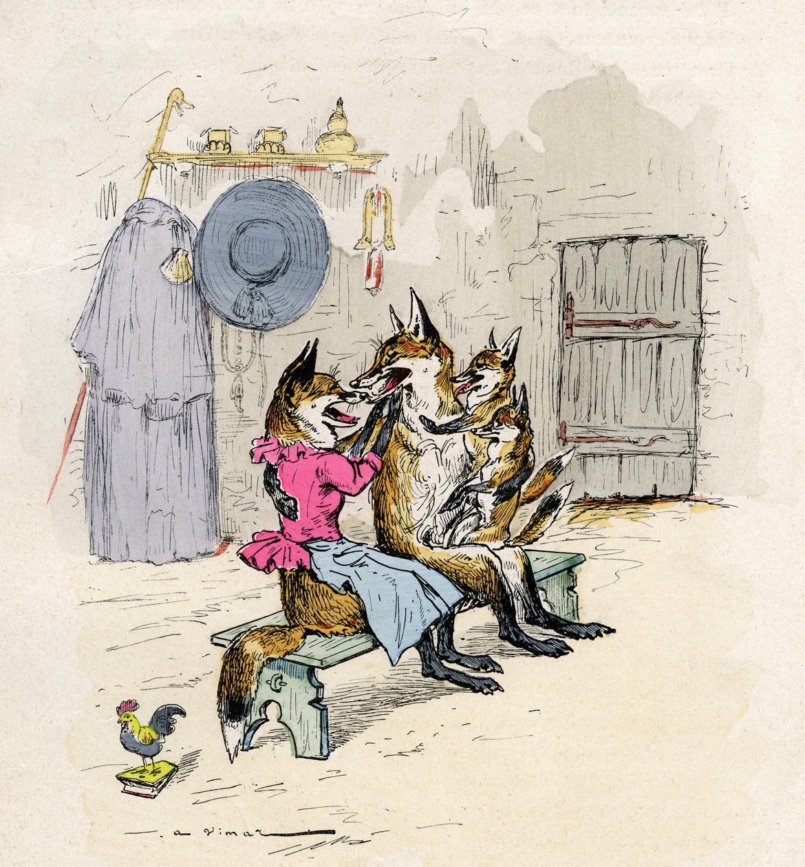 Illustration av A. Vimar till romanen de Renart (rävens roman), upplaga Henri Laurens 1800-tal - räven Goupil och Hermeline, hans fru, hem, med sina barn de små rävarna - av Auguste Vimar