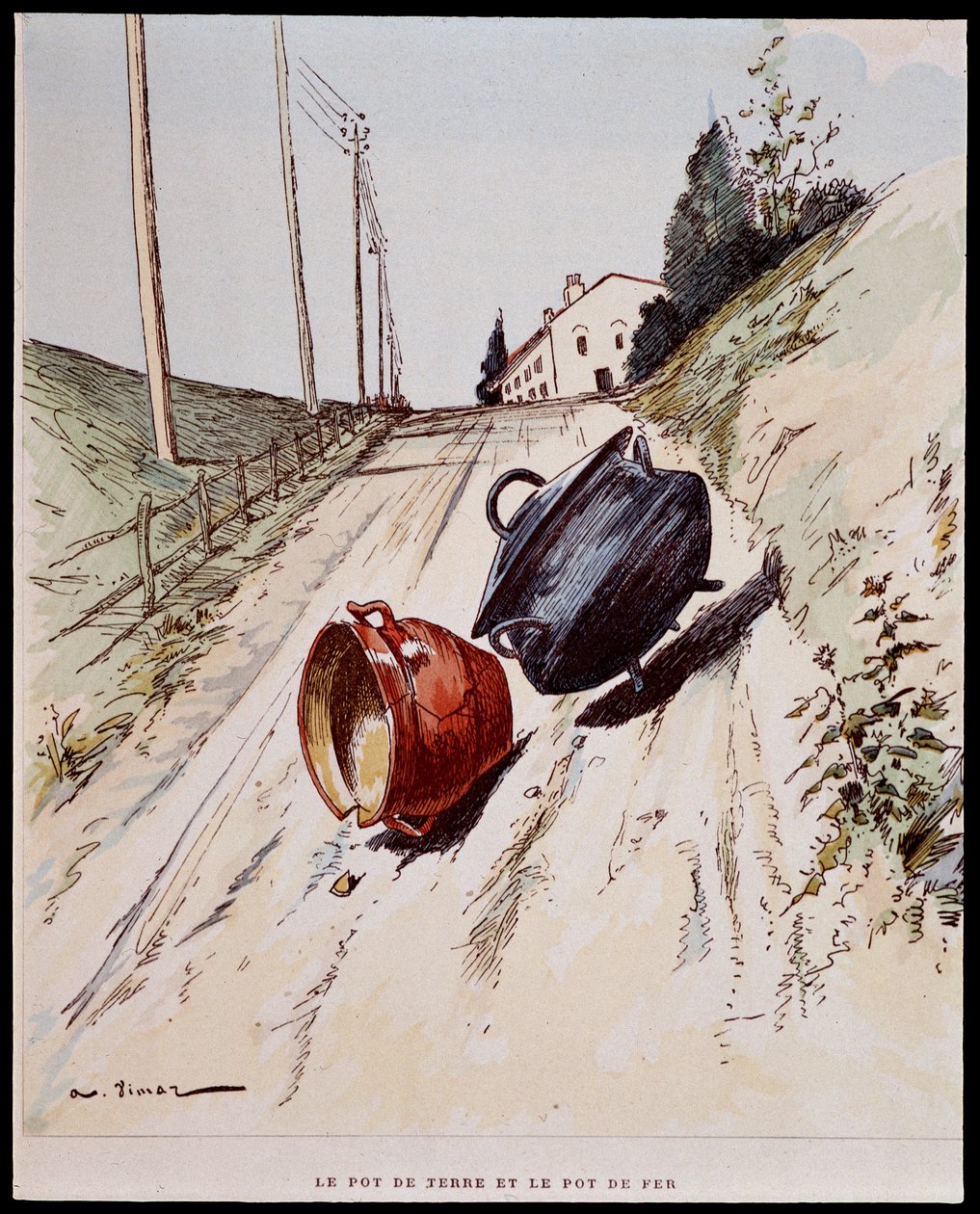 Lerkrukan och järnkrukan - i "" Les Fables de La Fontaine"", ill. av Auguste Vimar (1851-1916), Tours, at A, Mame & Son av Auguste Vimar