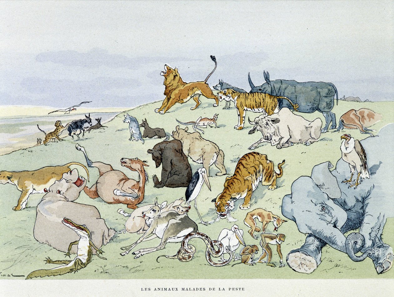 Djur som är sjuka av pest "" Les Fables de la Fontaine"", ill. av Auguste Vimar (1851-1916), Tours, at A, Mame & Son av Auguste Vimar