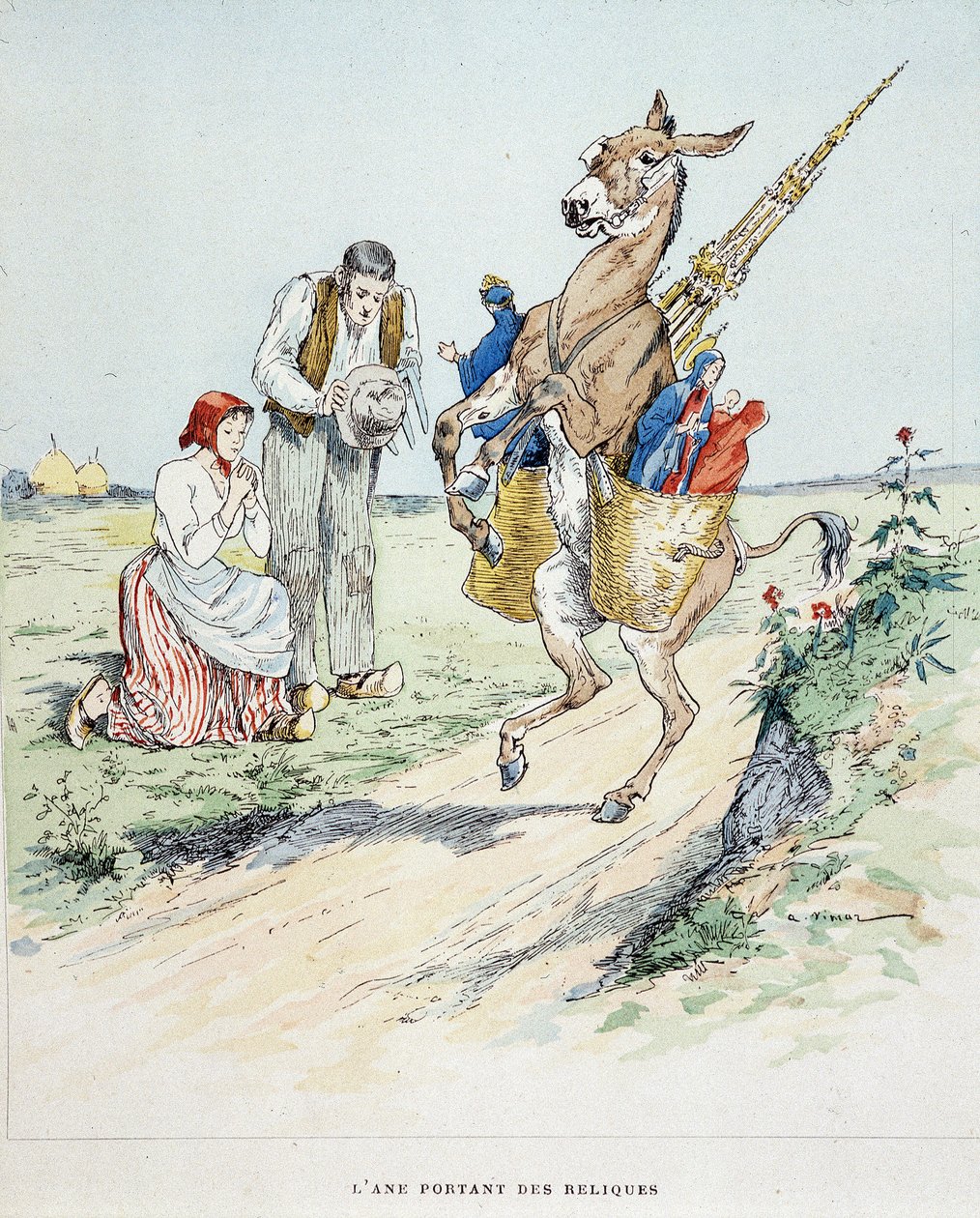 Åsnan som bär reliker i "" Fables de La Fontaine, ill. av Auguste Vimar (1851-1916), Tours, at A, Mame & Fils av Auguste Vimar