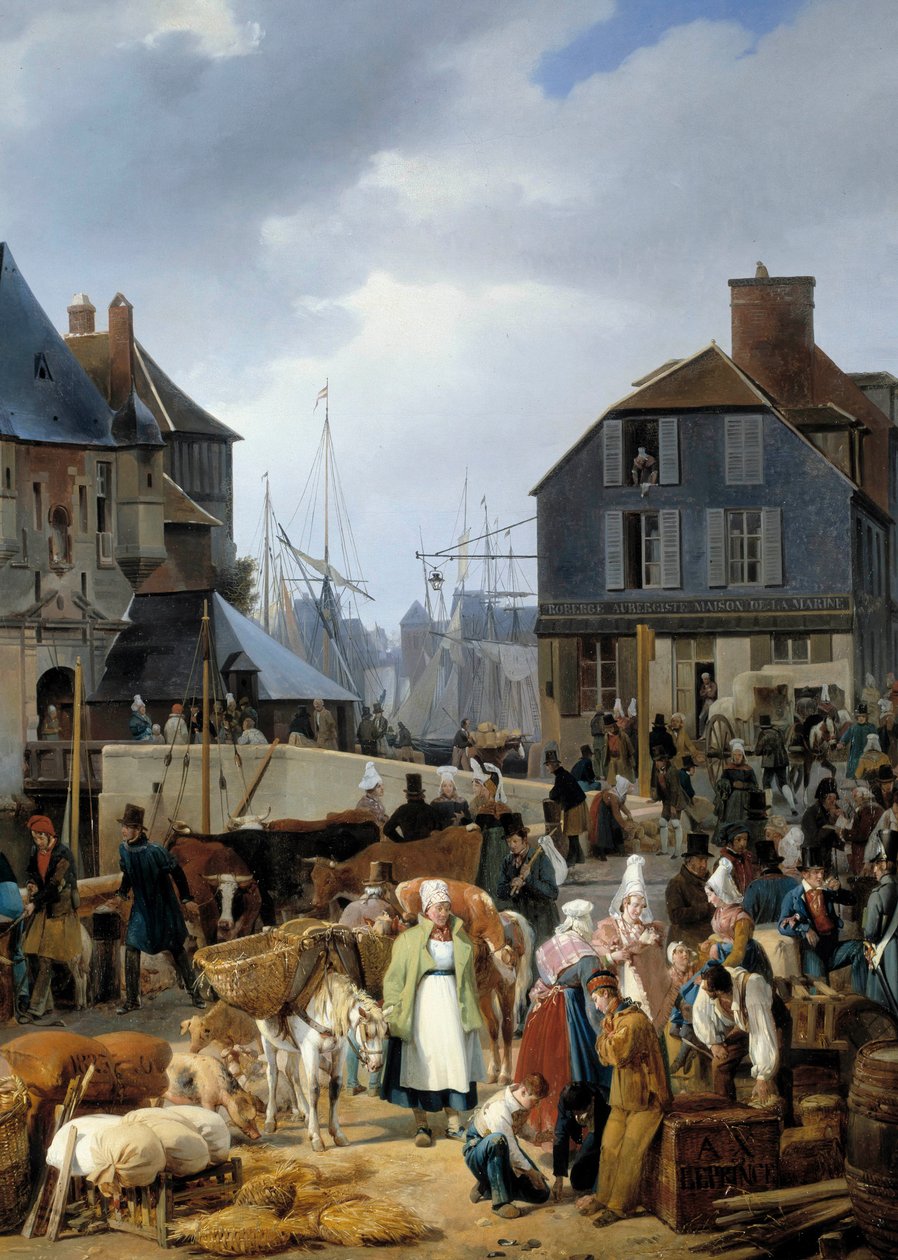Går ombord boskap på passageraren"" i hamnen i Honfleur"" Detalj av en målning av Auguste-Xavier Leprince (1799-1826) av Auguste Xavier Leprince