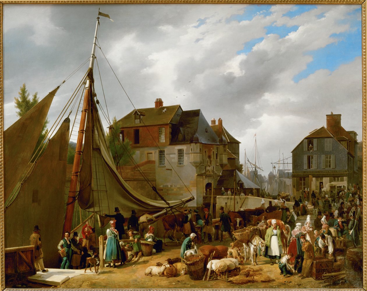 Ombordtagande av boskap på fartyget " Le Passager " i hamnen i Honfleur, Frankrike ... av Auguste Xavier Leprince