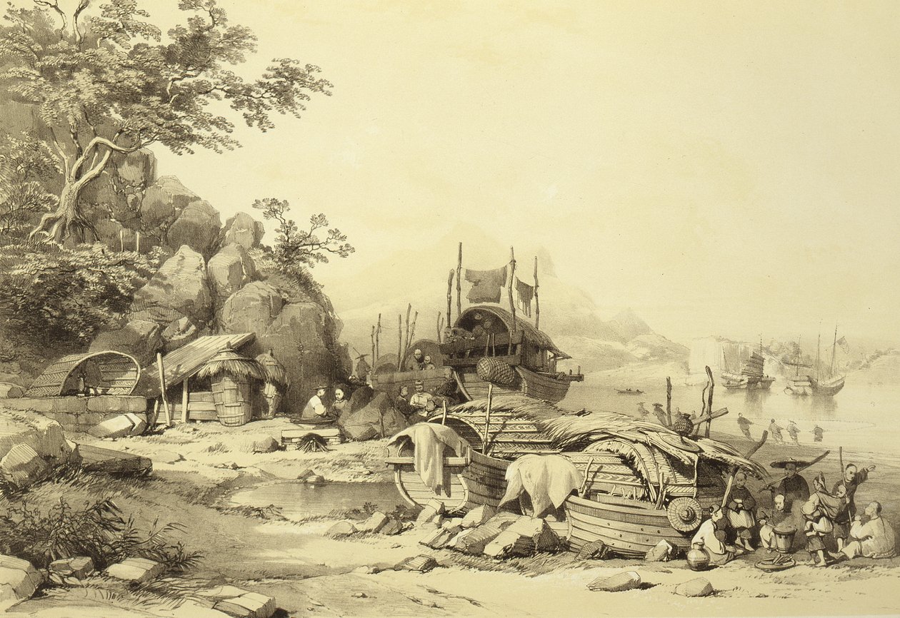 House Boats on the Bay of Cowloon, skylt 6 från Sketches of China, graverad av Eugene Ciceri (1813-90) 1842 (tonad litho) av Auguste after Borget