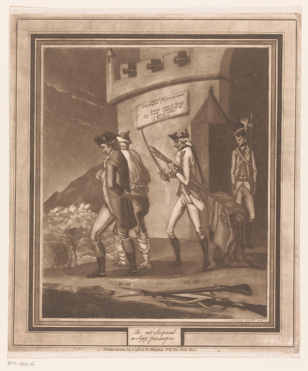 Soldater med två fångar vid tornet Bli inte förvånad/ ne soyez pas surpris (titel på objekt) av Auguste de Bouillé