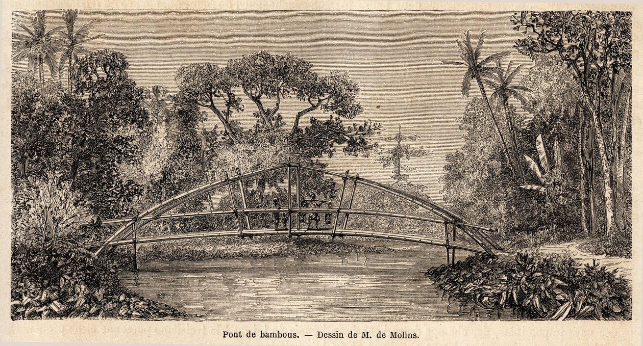 En bambubro, i djungeln, nära Salak Mountain. Teckning av M. de Molins, för att illustrera hans resa till Java av Auguste de Molins