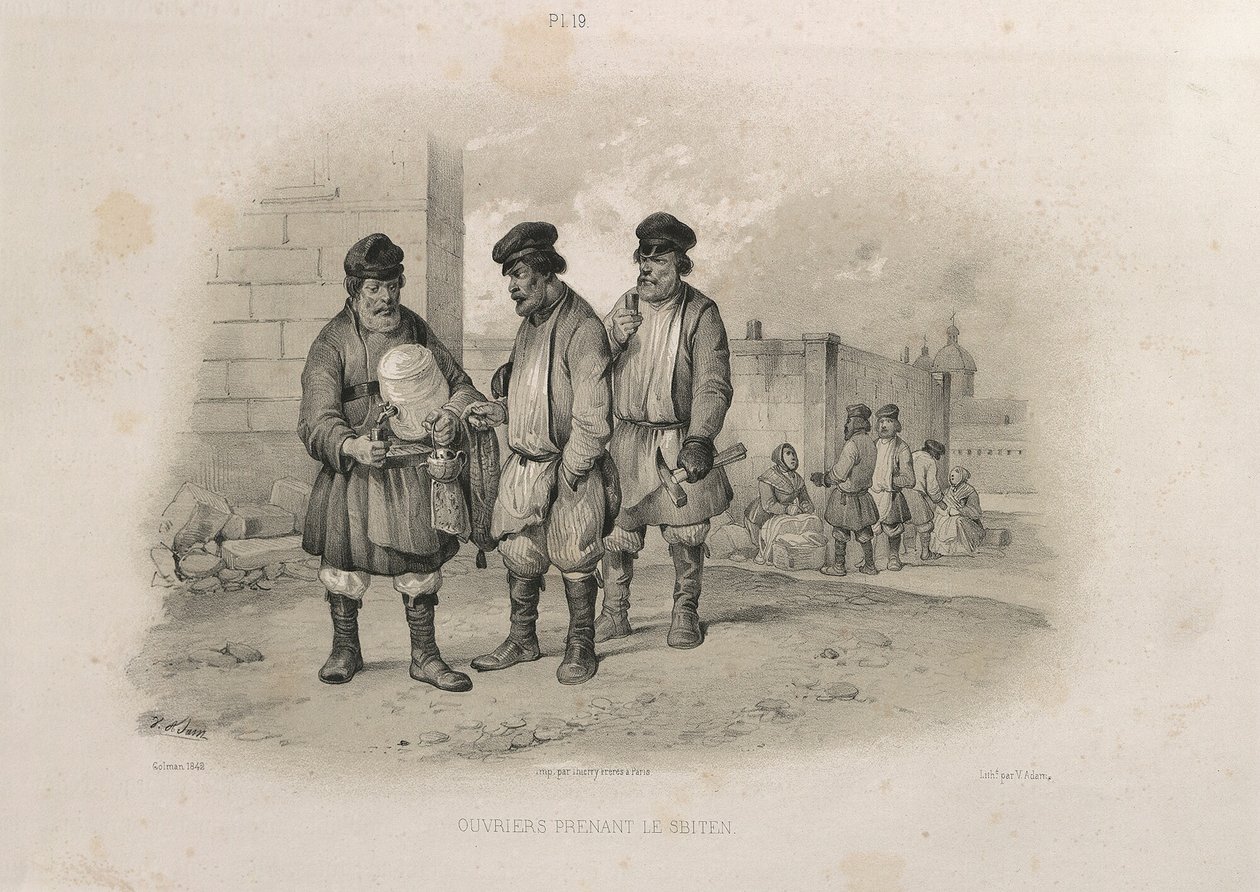 Byggare som dricker Sbiten Från: The Construction of the Saint Isaacs Cathedral, 1845 av Auguste de Montferrand