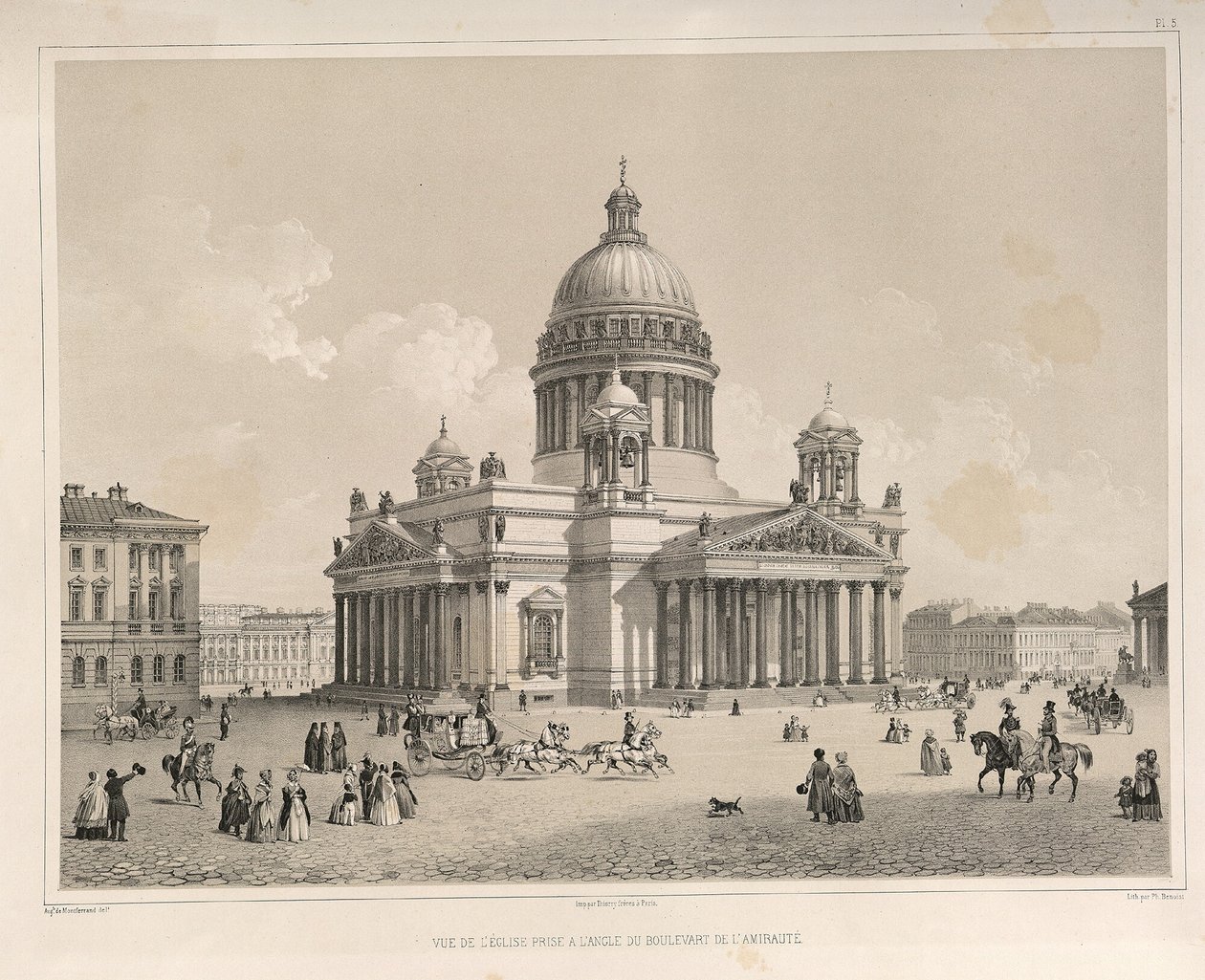 Saint Isaacs Cathedral sett från Admiralteysky Prospekt Från: The Construction of the Saint Isaacs Cathedral, 1845 av Auguste de Montferrand