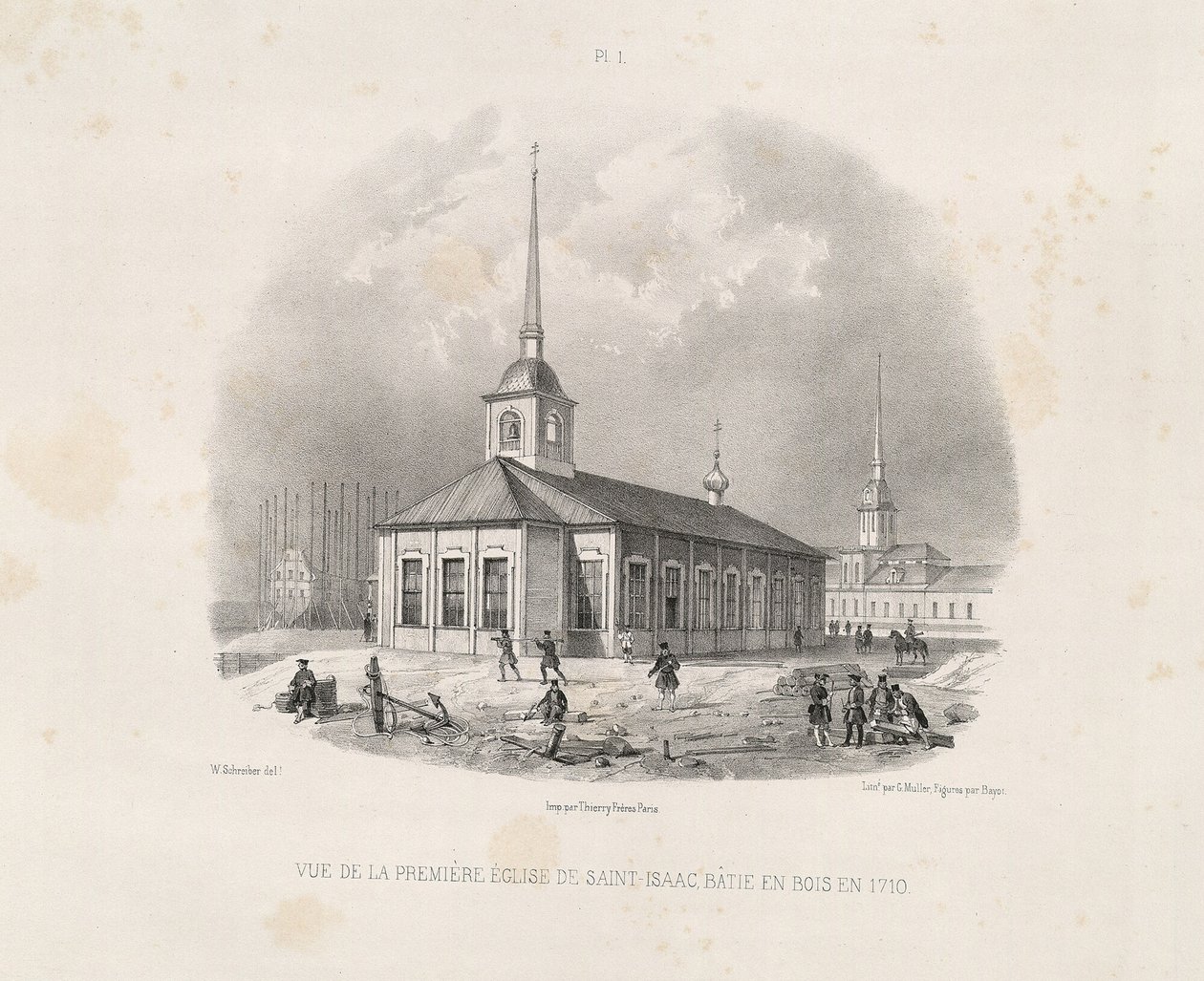 Vief av den första första St. Isaacs-kyrkan 1710 Från: The Construction of the Saint Isaacs Cathedral, 1845 av Auguste de Montferrand