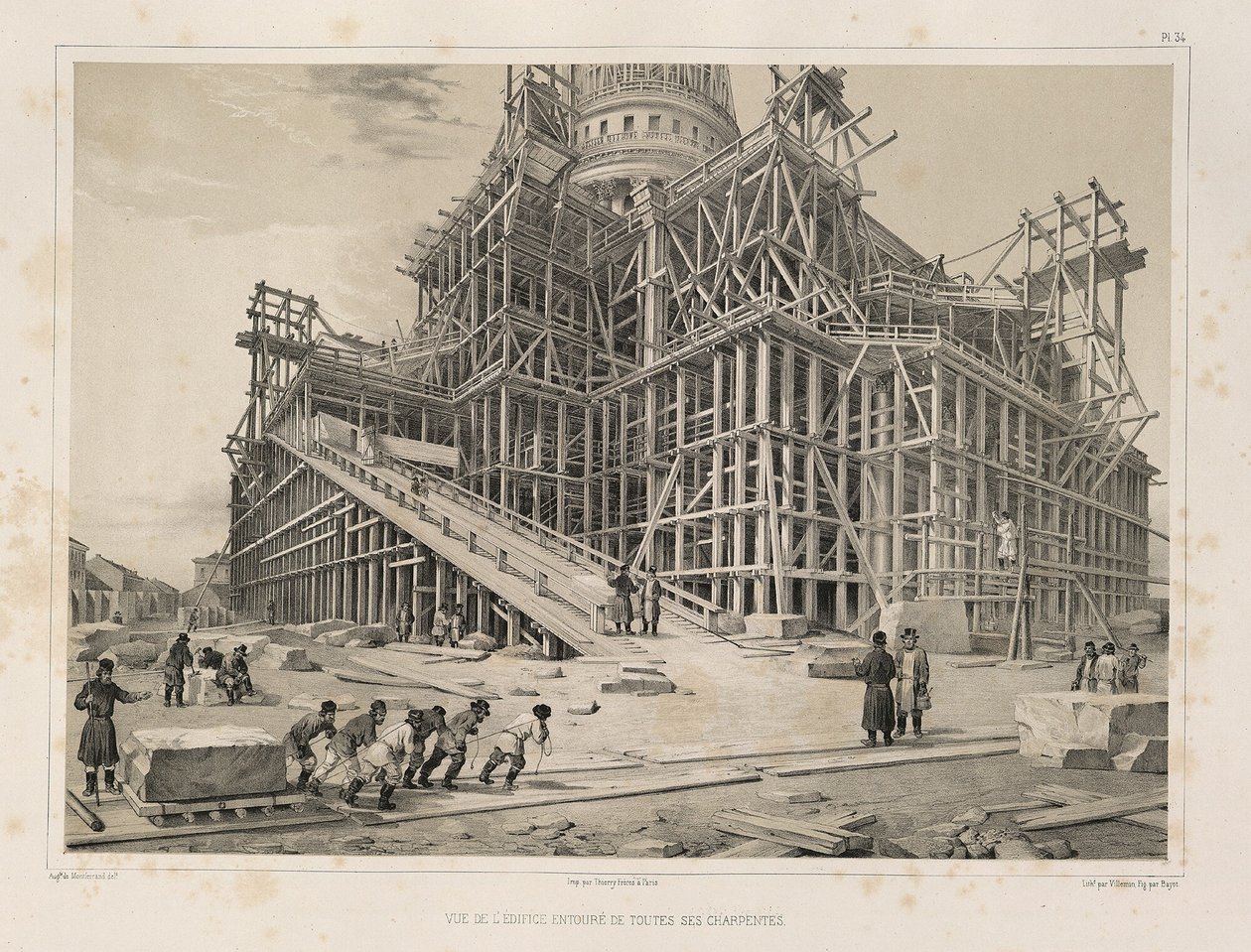 Utsikt över katedralen omgiven av träställningar Från: The Construction of the Saint Isaacs Cathedral, 1845 av Auguste de Montferrand
