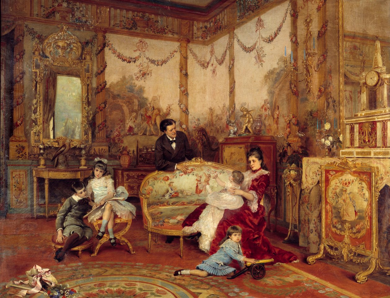 Viktorianska Sardou (1831 - 1908), dramatiker och hans barn. Utsikt från insidan av ett vardagsrum med eld framför den öppna spisen. Målning av Auguste La Brely (1838-1906) av Auguste de la Brely