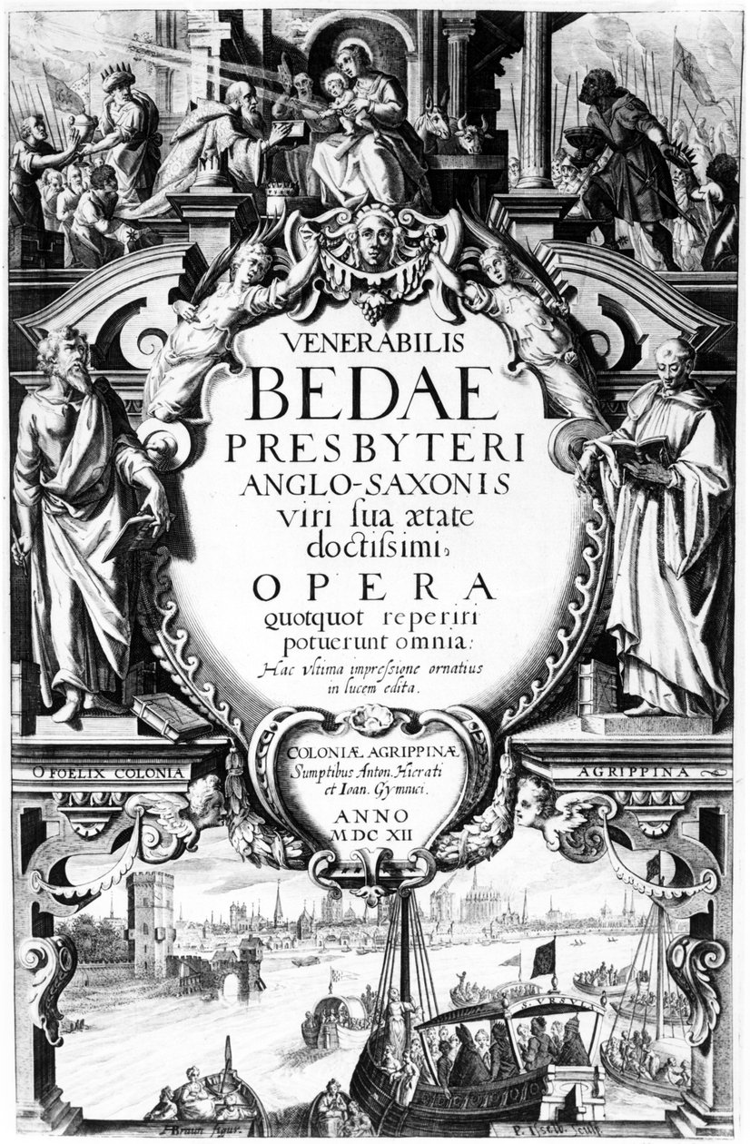 Titelsida för ärevördiga Bede av anglosaxiska präster, tryck gjord av Peter Isselburg, publicerad i Köln, 1612 (gravyr och boktryck) av Augustin Braun