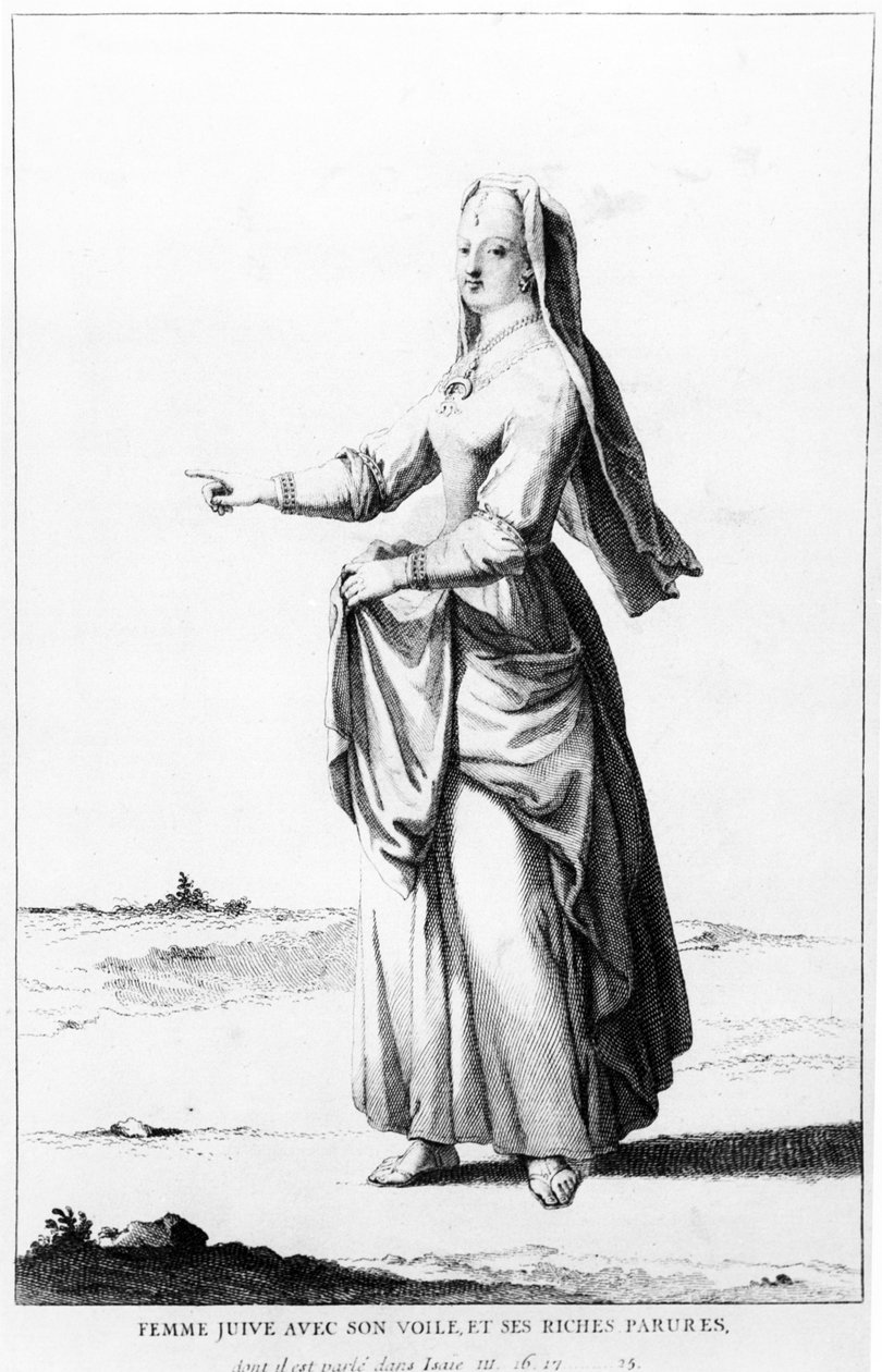Fransk judisk kvinna med sin slöja och sina rika ornament, illustration från Dictionnaire Historique de la Bible, 1722 av Augustin Calmet