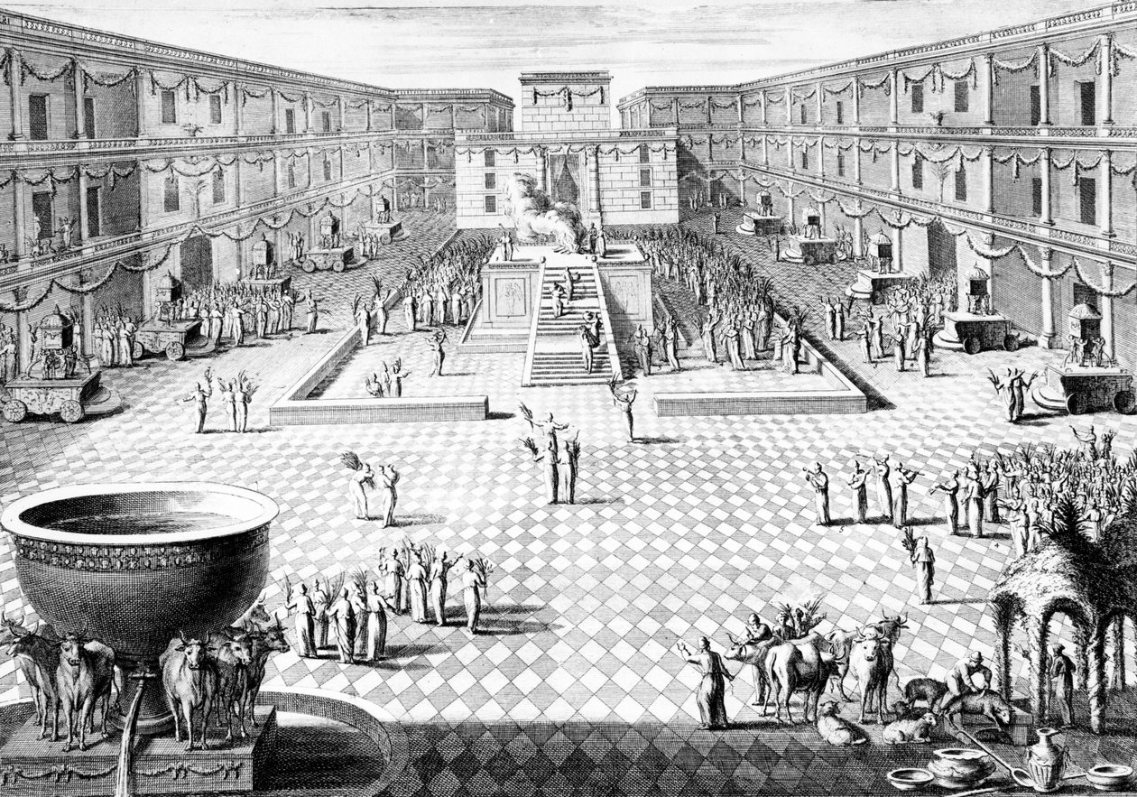 Rekonstruktion av genomförandet av ceremonier i Salomos tempel under den sista dagen (Hoshannah Raba) av den judiska sukkotfestivalen, illustration från Dictionnaire Historique de la Bible, 1722 (en av Augustin Calmet