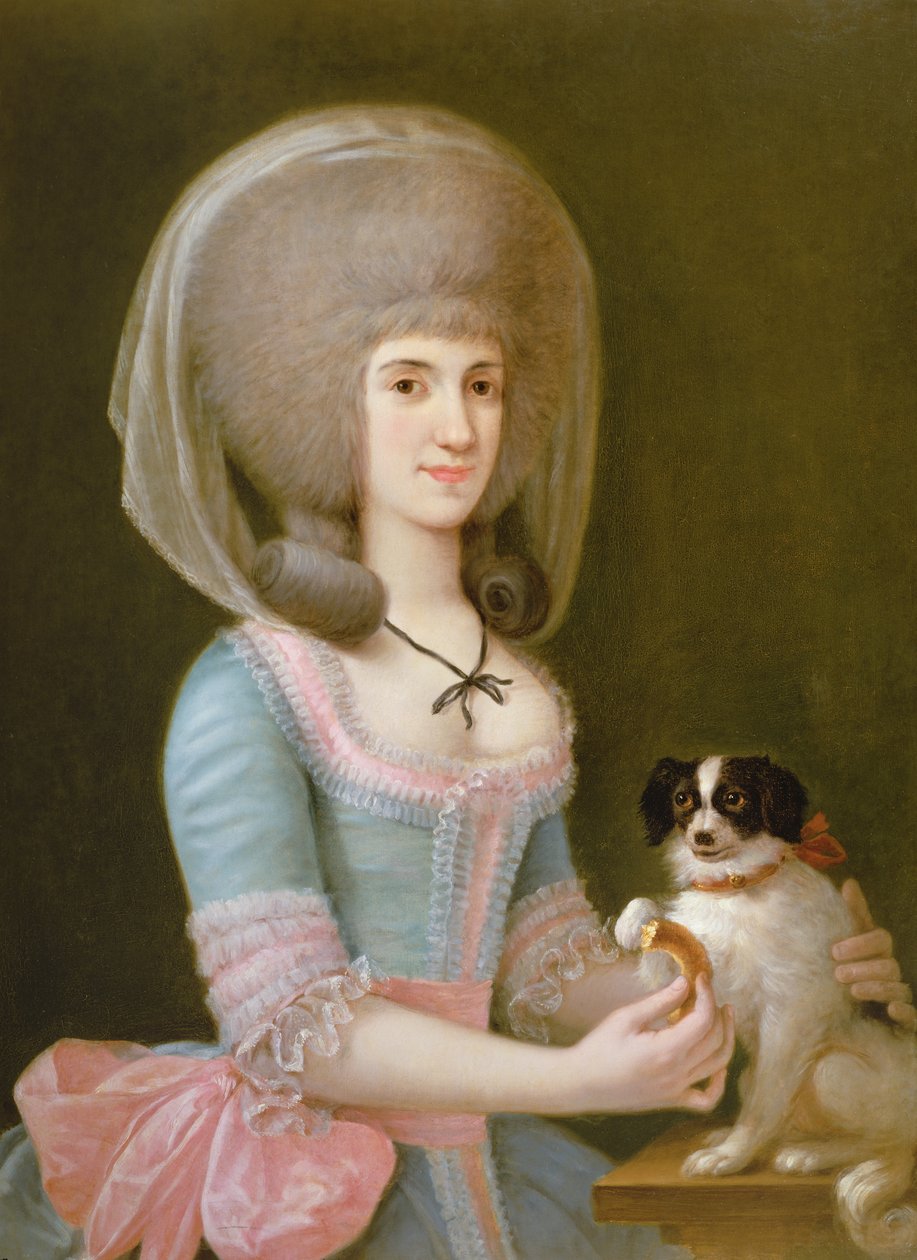 Porträtt av Dona Maria Teresa Apodaca de Sisma som ger en godbit till sin hund av Augustin Esteve