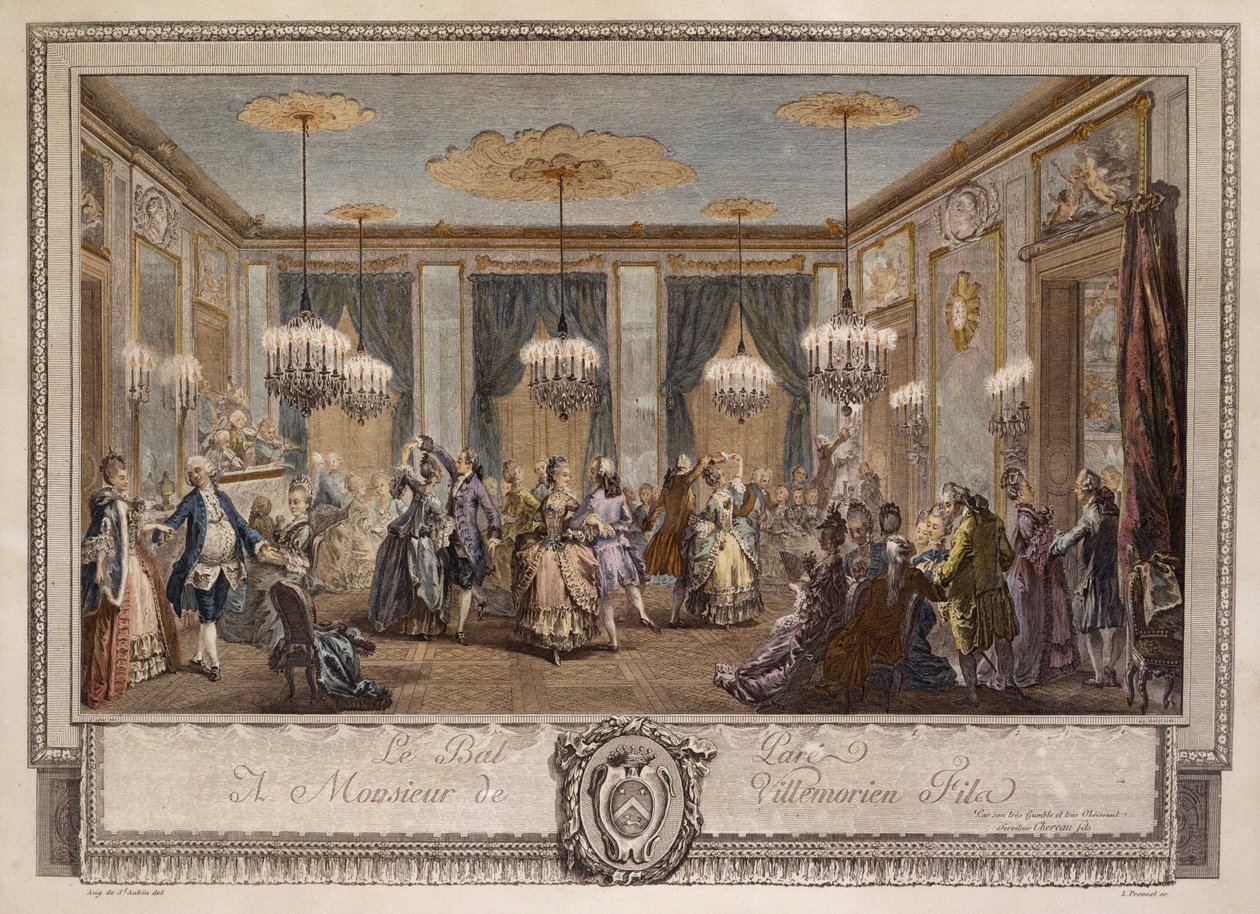 Le Bal Pare a Monsieur de Villemorien Fila, graverad av L. Provost (handkolorerad gravyr) av Augustin de Saint Aubin