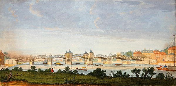 Perspektivvy av Hampton Court Bridge som korsar Themsen, graverad av Charles Grignion (1717-1810) c.1754 (färgad gravyr) av Augustin (after) Heckel