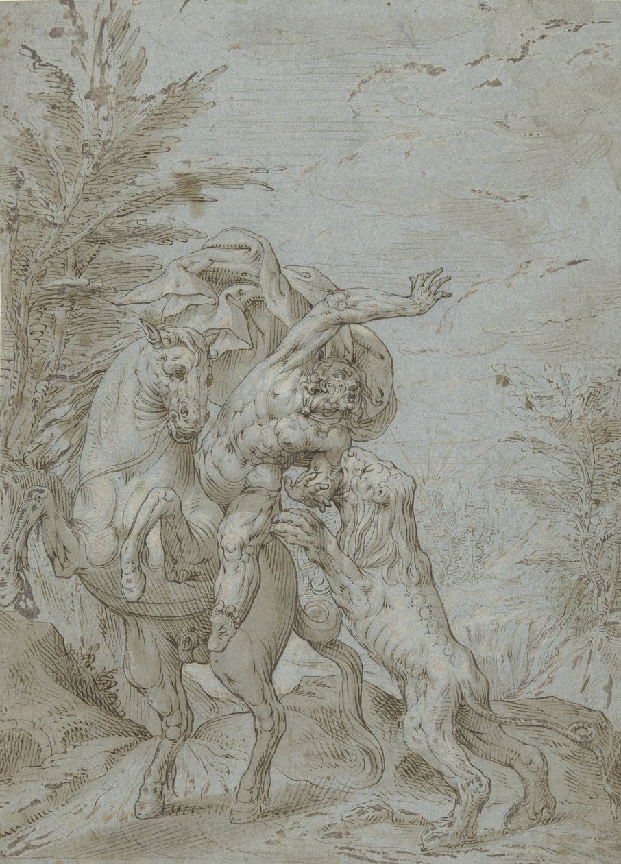 Ryttare attackerad av lejon (profeten Bileam?) av Augustin Braun (possibly)
