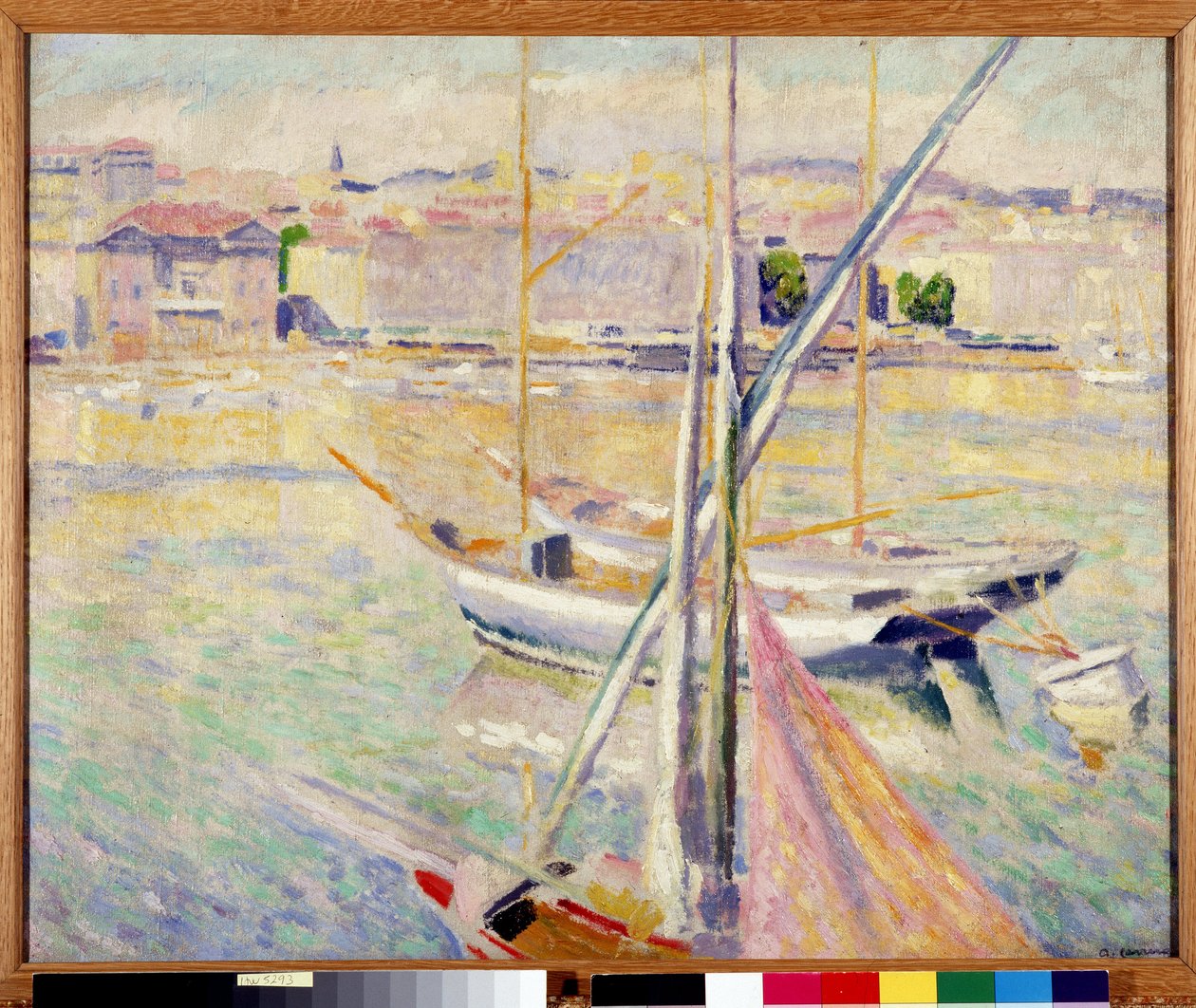 Segelbåtar i Marseilles gamla hamn (olja på duk) av Augustin Carrera