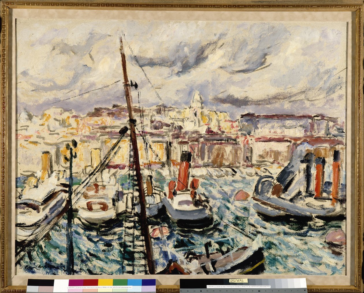 Bogserbåtar i hamnen i Marseille (målning) av Augustin Carrera