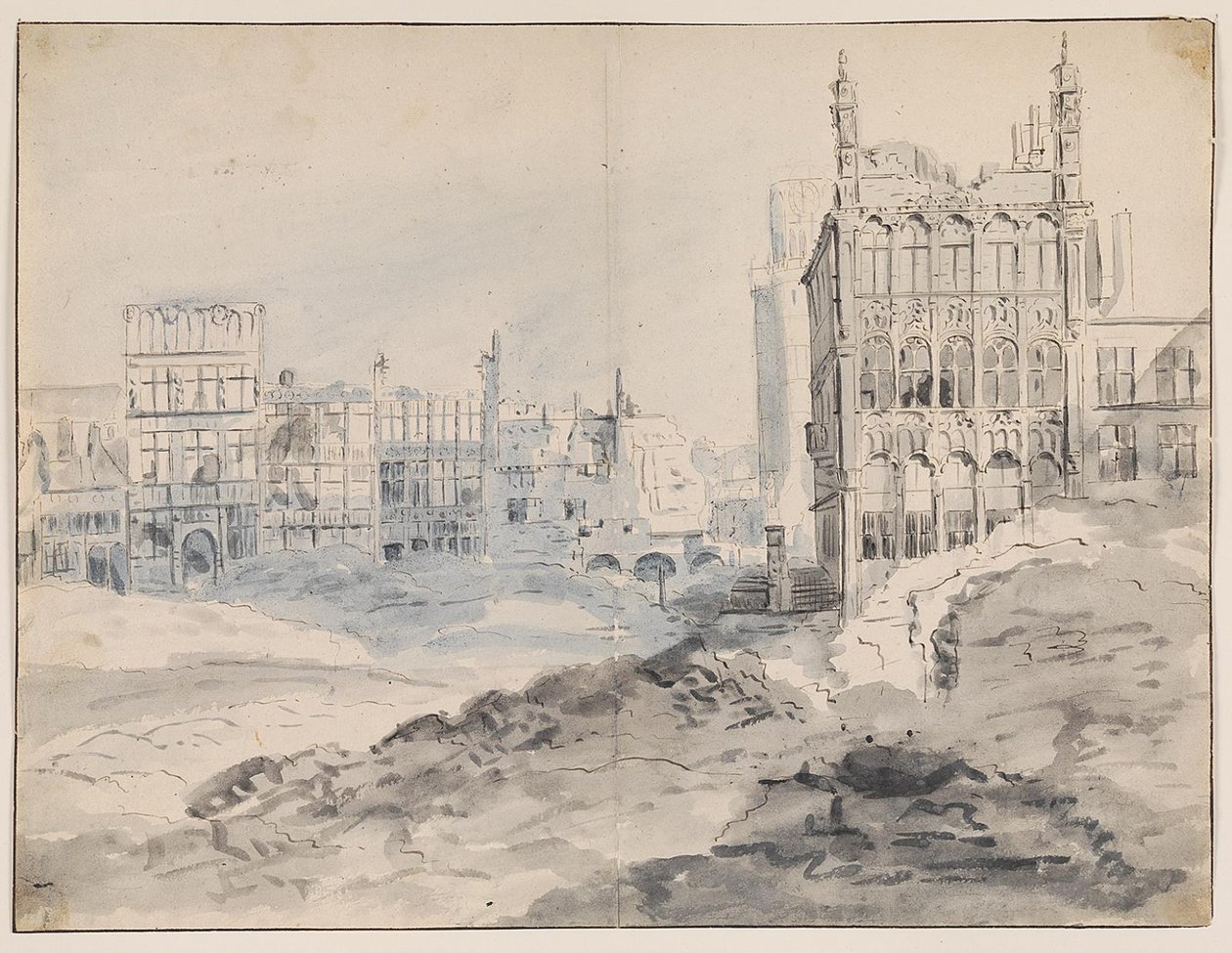 Det nordvästra hörnet av la Grand-Place, Bryssel efter bombardementet 1695 av Augustin Coppens