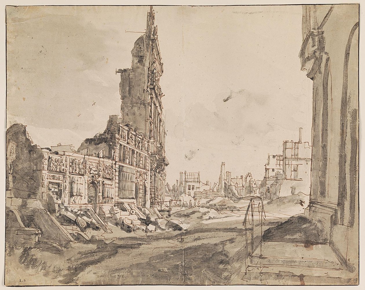 Utsikt över de nordöstra och nordvästra hörnen av Grand Place efter bombardementet 1695 av Augustin Coppens
