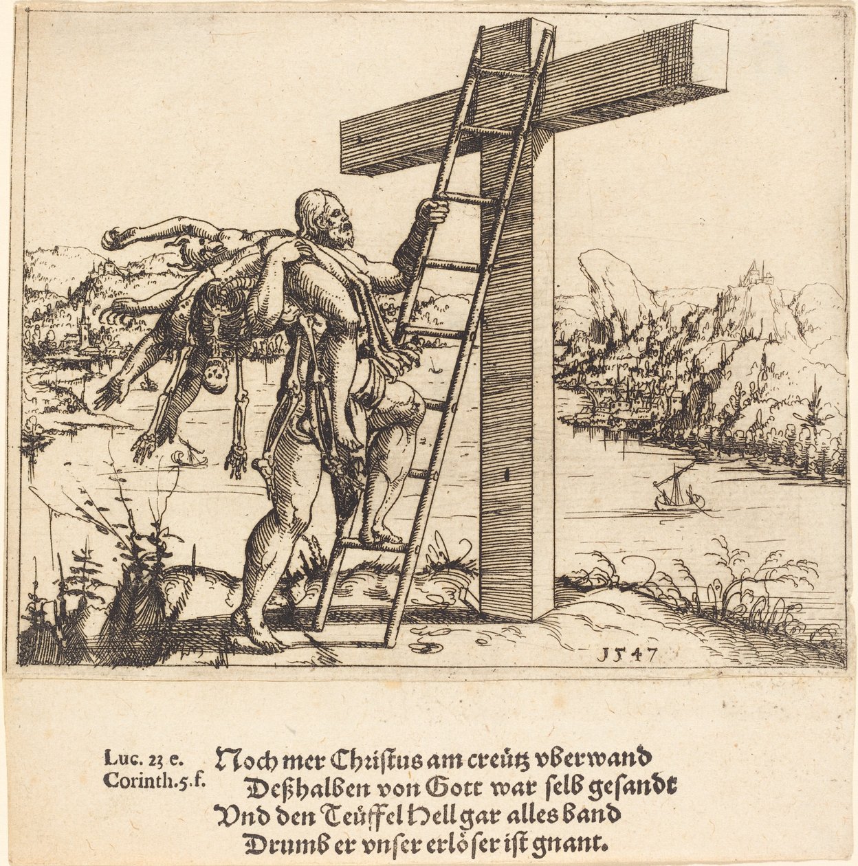 Kristus stiger upp på korset med synd, död och djävulen, 1547. av Augustin Hirschvogel