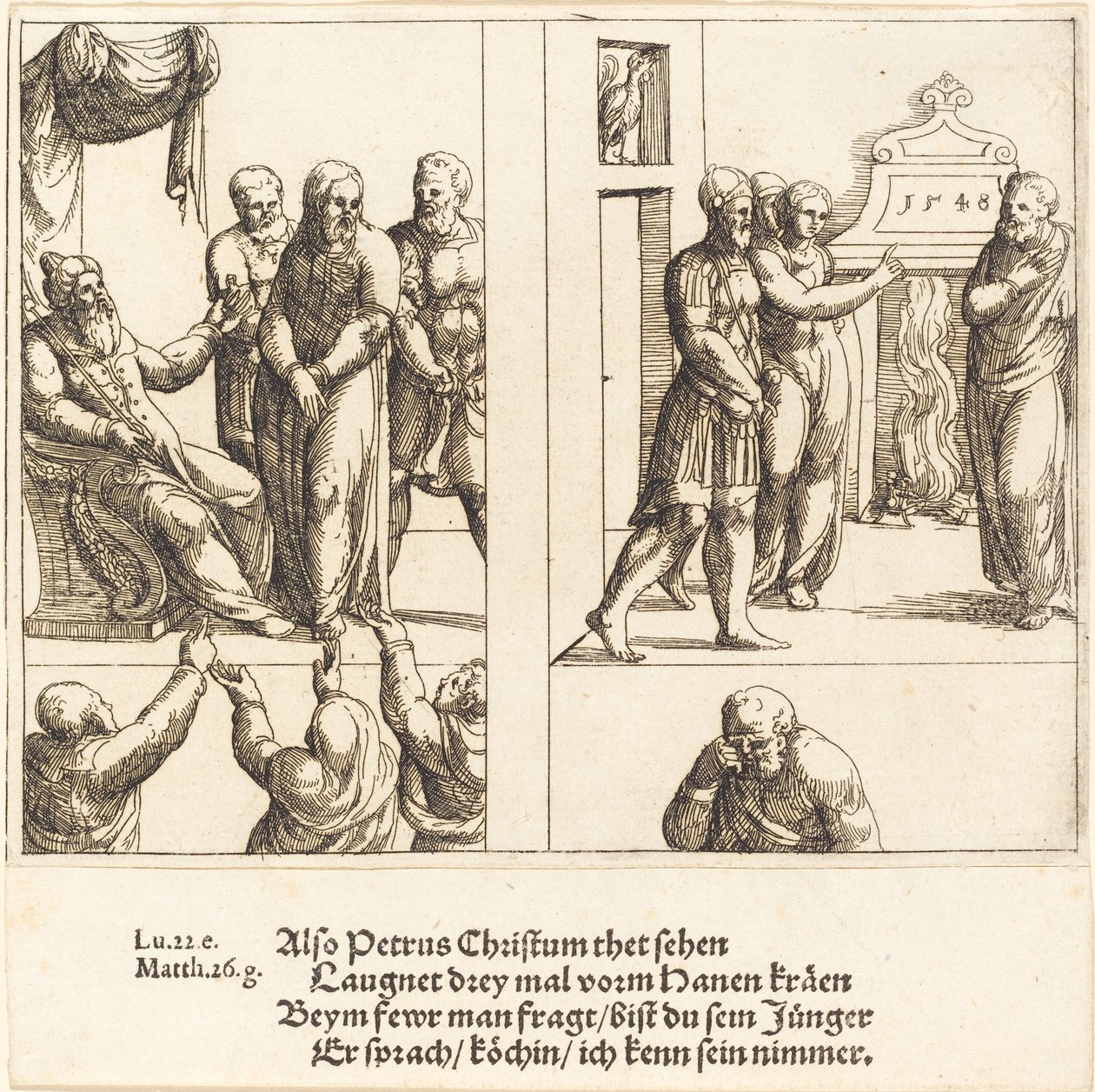 Kristus före Kaifas och Peter förnekar Kristus, 1548. av Augustin Hirschvogel