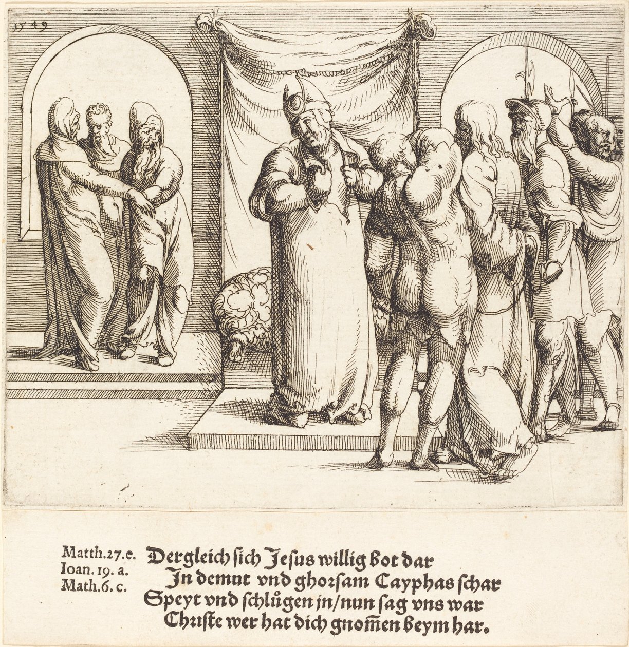 Kristus hånas och Kaifas river sönder sina kläder, 1549. av Augustin Hirschvogel