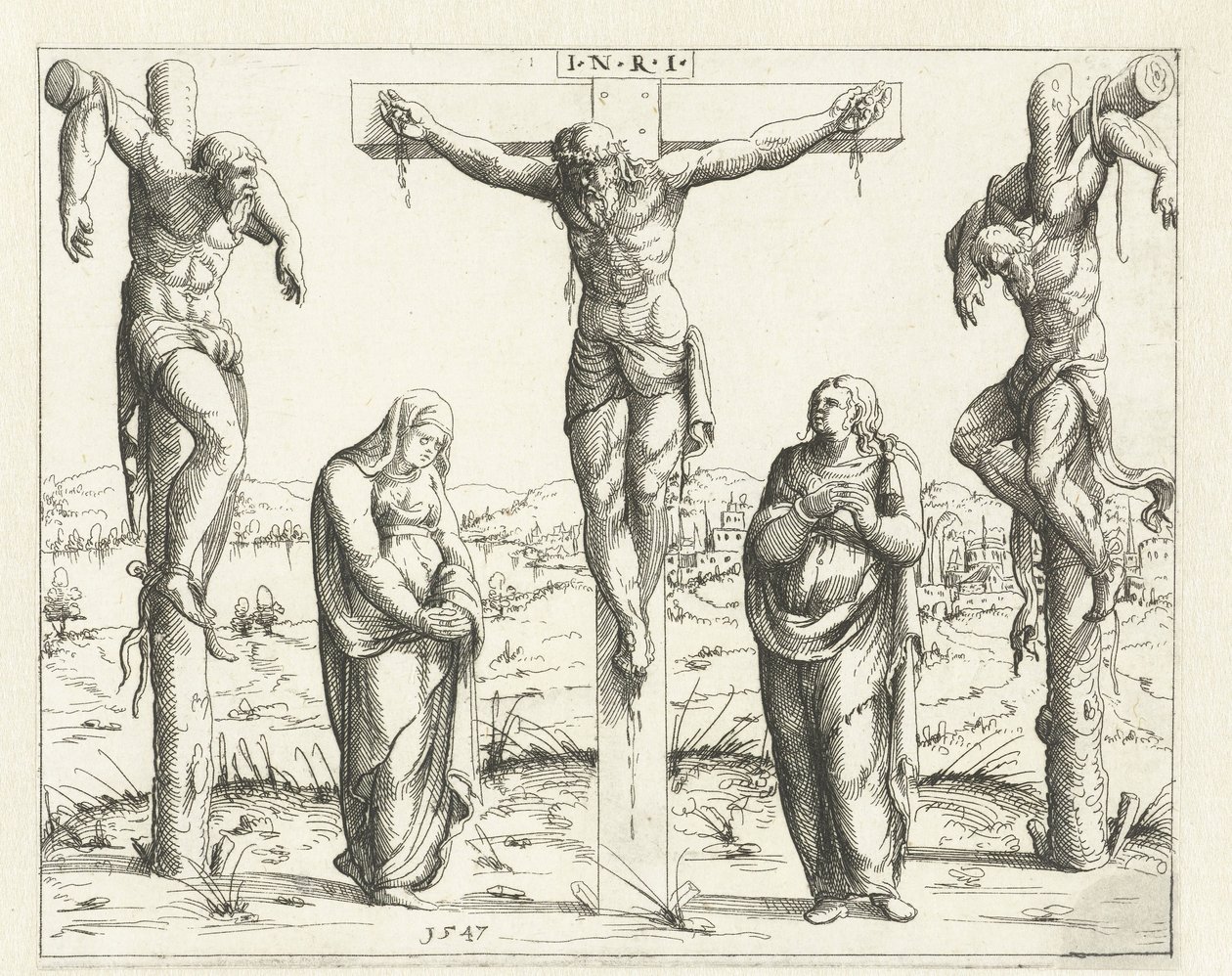 Kristus på korset och Maria och Johannes Korsfästelse Gamla och Nya Testamentets konkordans (serietitel) Concordants alt und news Testaments (serietitel) av Augustin Hirschvogel
