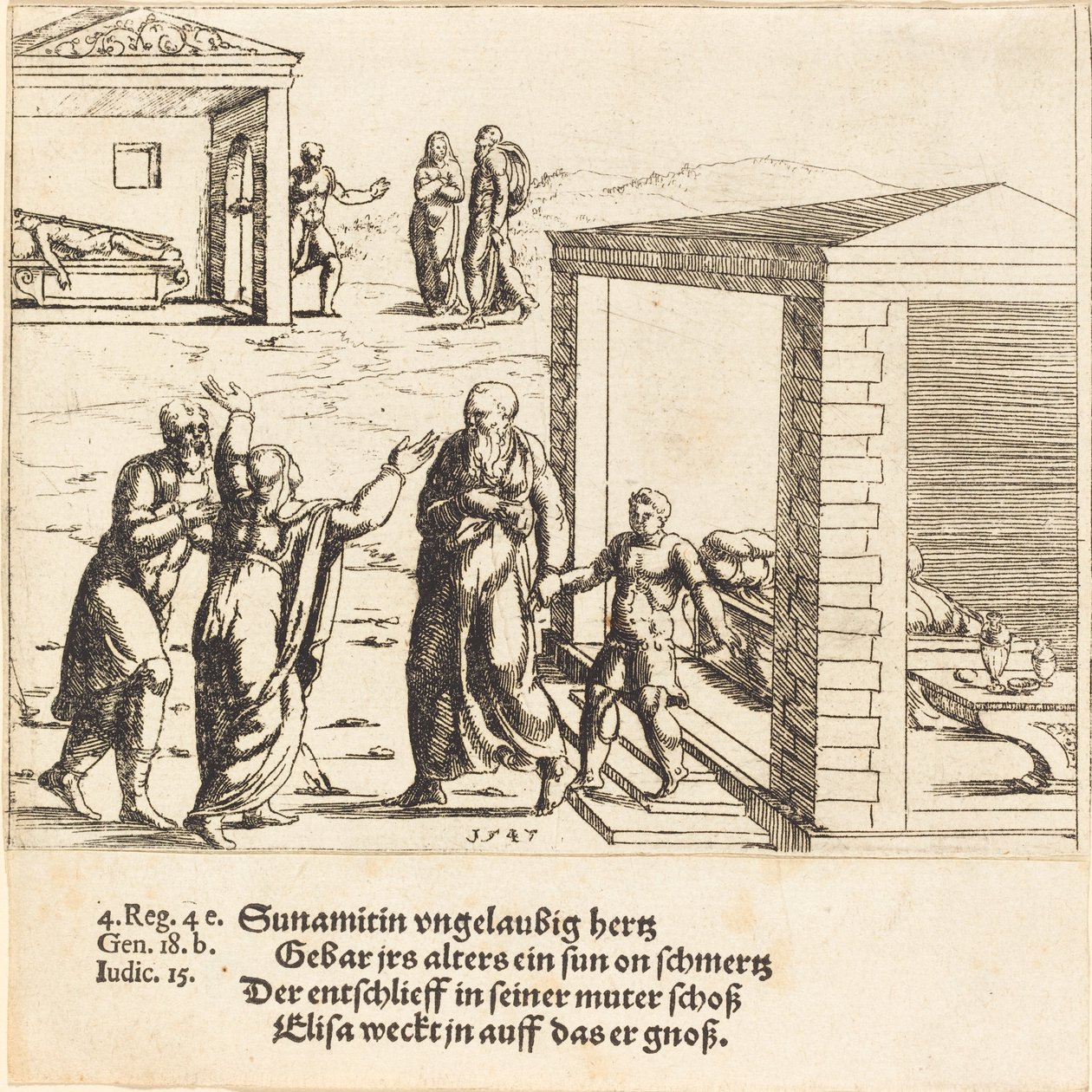 Elisa uppfostrar Sun of the Son, 1547. av Augustin Hirschvogel