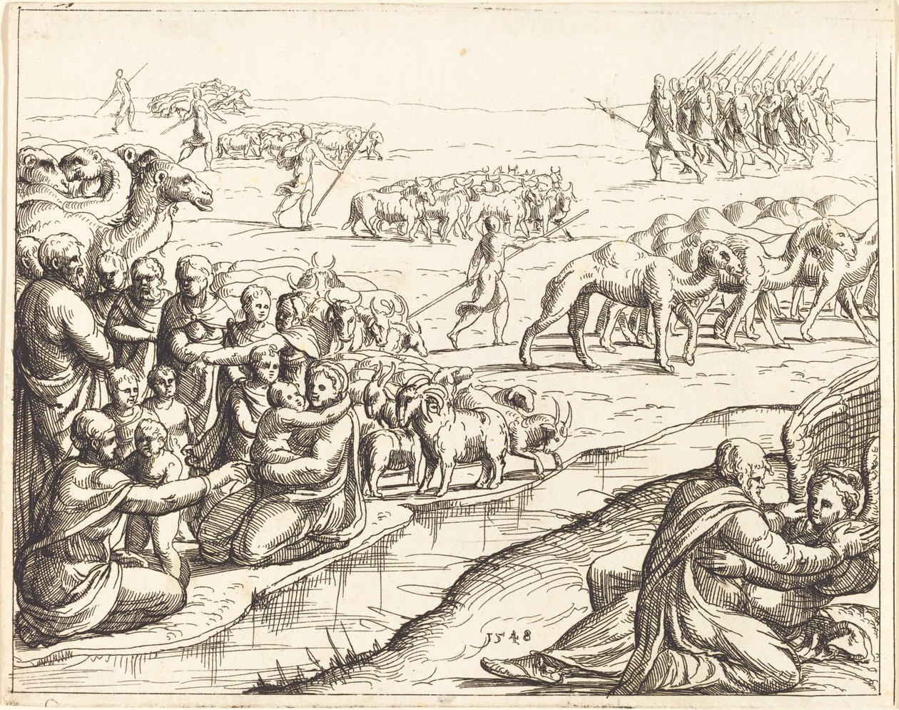 Jacob brottas med ängeln. av Augustin Hirschvogel