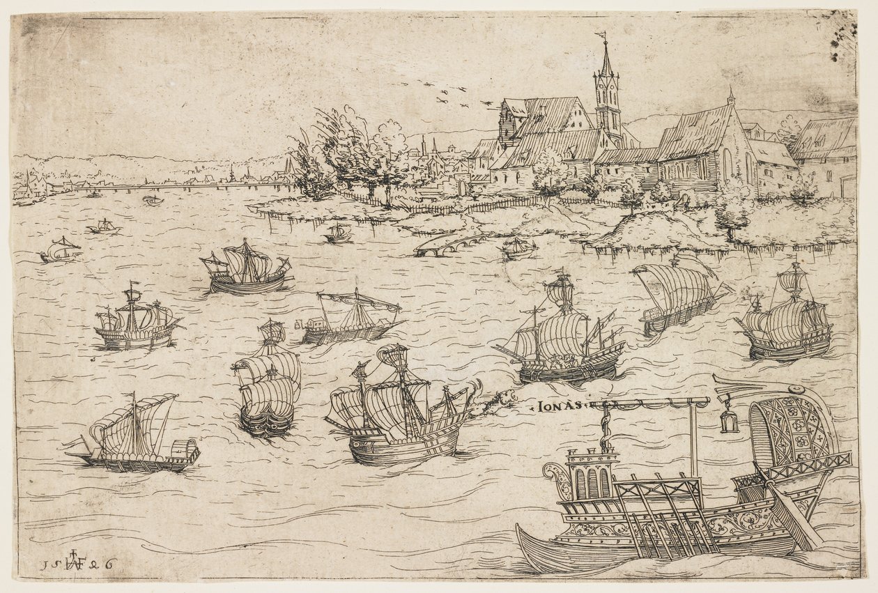 Jona och valen på en sjö med segelfartyg, 1546 av Augustin Hirschvogel