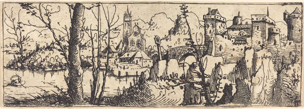 Landskap med slottet till höger, omgivet av klippor, 1546. av Augustin Hirschvogel