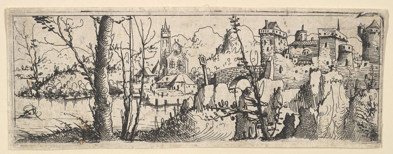 Landskap med fort och en kyrka vid en flod, 1545. av Augustin Hirschvogel