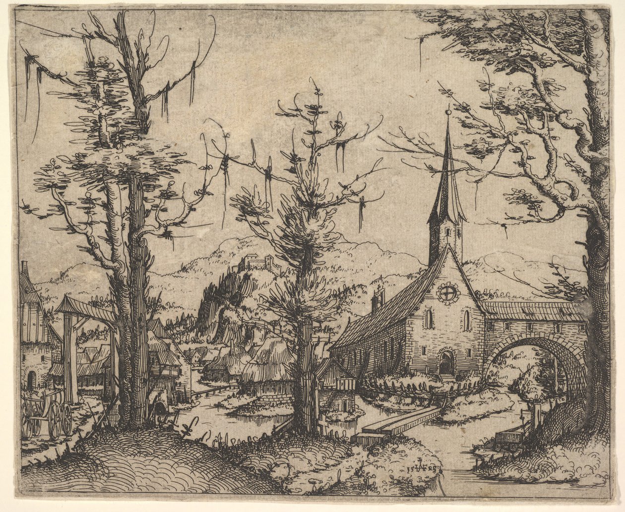 Landskap med fyra träd och en kyrka till höger, 1545. av Augustin Hirschvogel