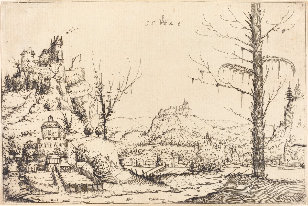 Landskap med höga klippor, flod och stad, 1546. av Augustin Hirschvogel